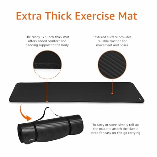 Extra thick exercise mat with descriptions of features.