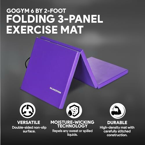 Purple folding 3-panel exercise mat with features listed.