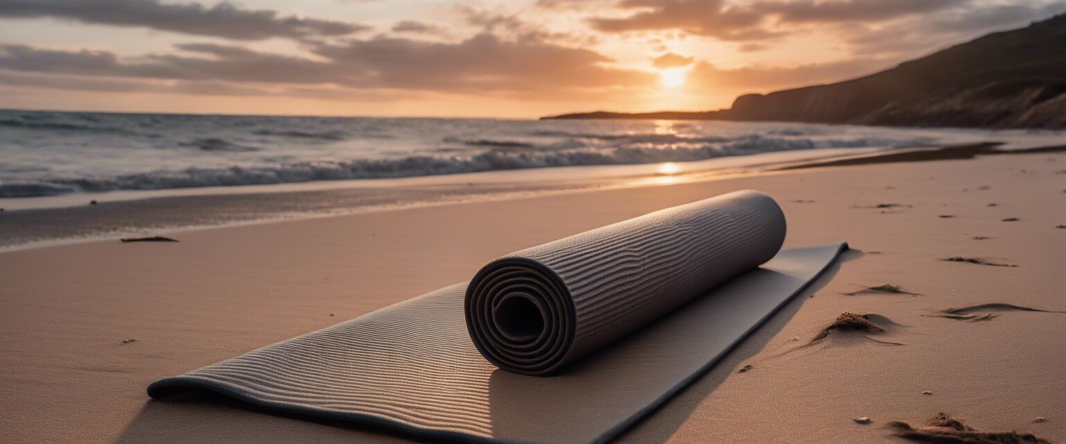 Travel yoga mat on a beach